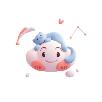Fluffy blue cartoon cat sleeps lying on cloud floats in air space with bubbles stars heart shape. Happy kawaii cloud with smiling face eyes red cheeks. I Love You. 3d render isolated on white backdrop