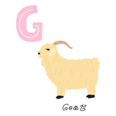 Educational concept. Goat. Animal with letter G. Flat hand drawn illustration.