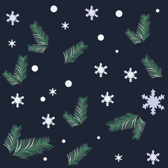 Fototapeta na wymiar A white spruce branch on a black background, a snowy night with stars and snowflakes, a sprig of a Christmas tree in the snow, a green branch of a Christmas tree