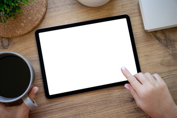 female hands hold computer tablet with isolated screen background office © DenPhoto