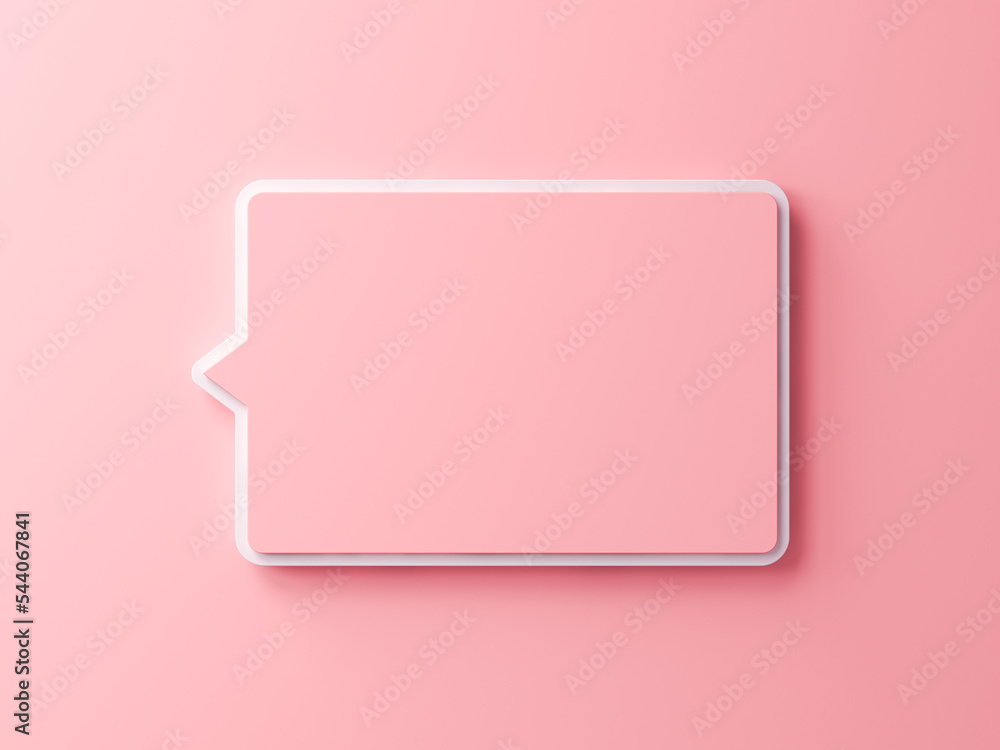 Poster Blank pink info speech bubble index sign or social media notification pop up sign pin icon isolated on pink pastel color wall background with shadow minimal conceptual 3D rendering