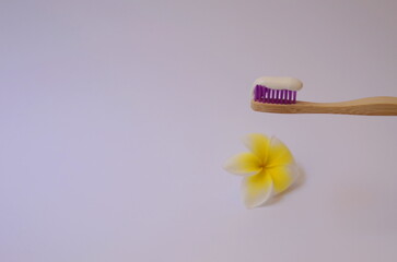 Wooden toothbrush with white toothpaste. In the background is a plumeria flower. Concept: environmental friendliness, tenderness, naturalness, feminine Copy Space