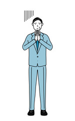 体の前で手を合わせて謝るシニアビジネスマン、経営者・管理職・社長のシンプルな線画イラスト