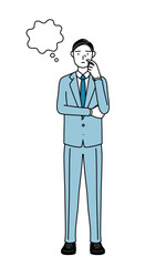 顔をかきながら考えるシニアビジネスマン、経営者・管理職・社長のシンプルな線画イラスト
