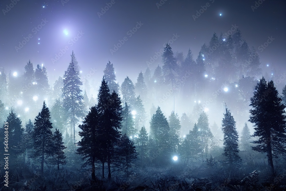 Poster abstract glowing particle sparkles on alien planet landscape forest