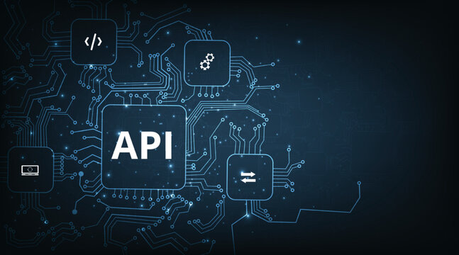 Application Programming Interface (API) concept. Software development tool, information technology, modern technology, internet and networking concept on dark blue background.