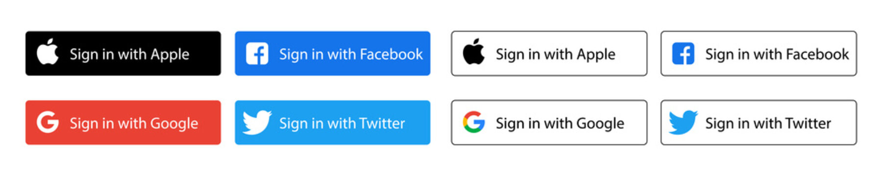 Set of buttons "Sign-in with Google", "Sign-in with Facebook", "Sign-in with Apple", "Sign-in with Twitter". Set of login buttons for your design. Vector EPS 10