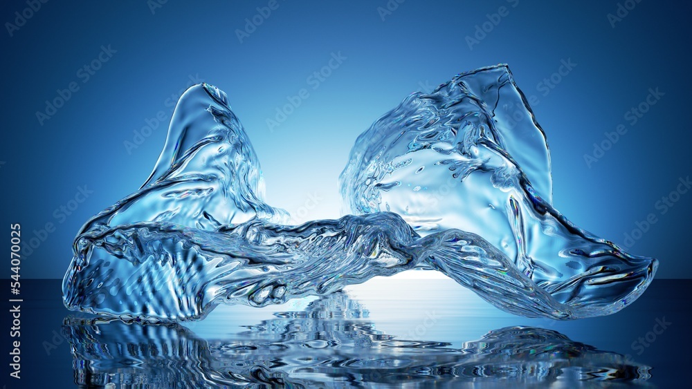 Poster 3d render, abstract background with translucent glass shape and reflection on the water surface. sim