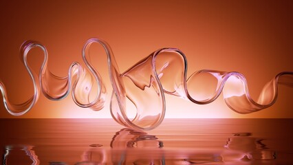 3d render, colorful clear glass wavy ribbon isolated on red background with bright neon light and reflection on the wet floor. Modern minimal wallpaper