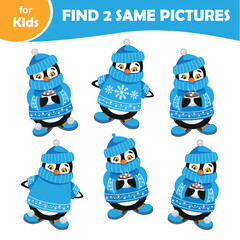 mini game for kids, find 2 same penguins. Winter Series. cartoon character