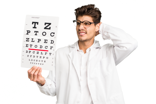 Young caucasian oculist man isolated touching back of head, thinking and making a choice.