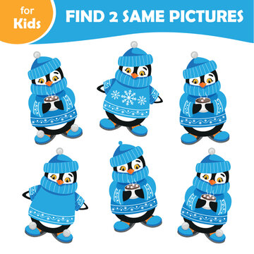 Mini Game For Kids, Find 2 Same Penguins. Winter Series. Cartoon Character