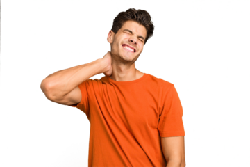 Young caucasian handsome man isolated suffering neck pain due to sedentary lifestyle.