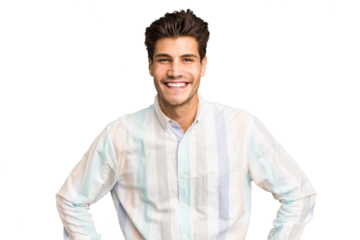 Young caucasian handsome man isolated confident keeping hands on hips.