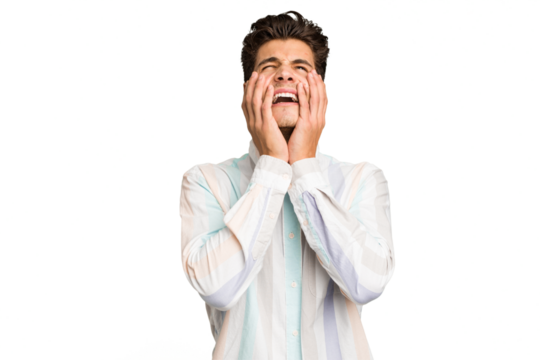 Young caucasian handsome man isolated whining and crying disconsolately.