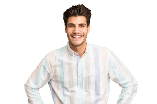 Young caucasian handsome man isolated confident keeping hands on hips.