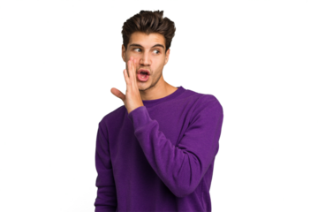 Young caucasian handsome man isolated is saying a secret hot braking news and looking aside