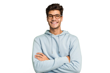 Young caucasian handsome man isolated who feels confident, crossing arms with determination.