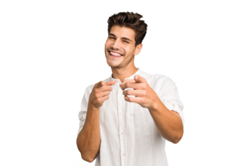 Young caucasian handsome man isolated pointing to front with fingers.