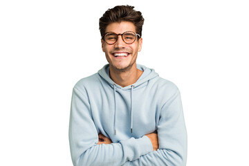 Young caucasian handsome man isolated laughing and having fun.