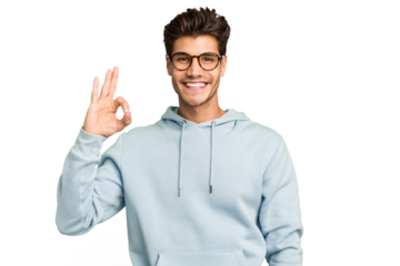 Young caucasian handsome man isolated cheerful and confident showing ok gesture.