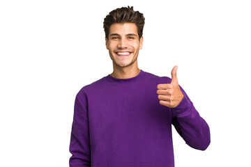 Young caucasian handsome man isolated smiling and raising thumb up