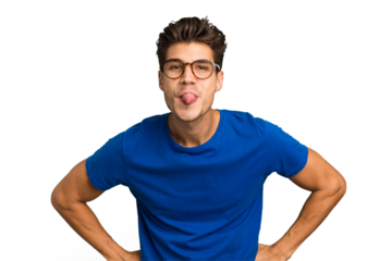 Young caucasian handsome man isolated funny and friendly sticking out tongue.