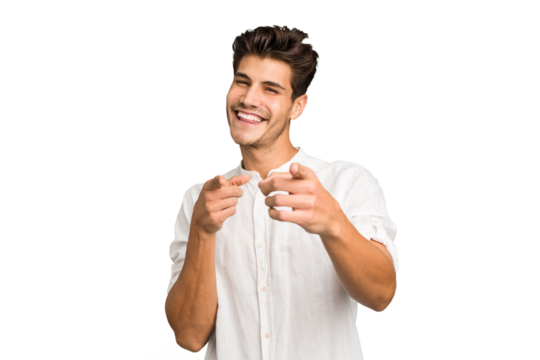 Young caucasian handsome man isolated pointing to front with fingers.