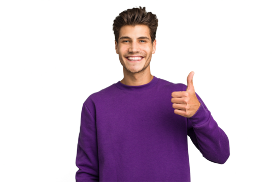 Young caucasian handsome man isolated smiling and raising thumb up