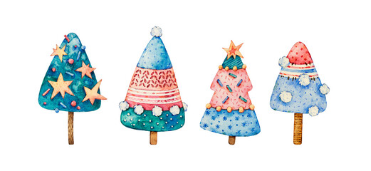 Collection of watercolor Christmas tree in cartoon style, fairy tale characters. Fir branches elements isolated on white background. Christmas elements for postcards, holiday decor, souvenirs 