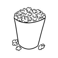 Monochrome image, large paper cup with popcorn, vector cartoon