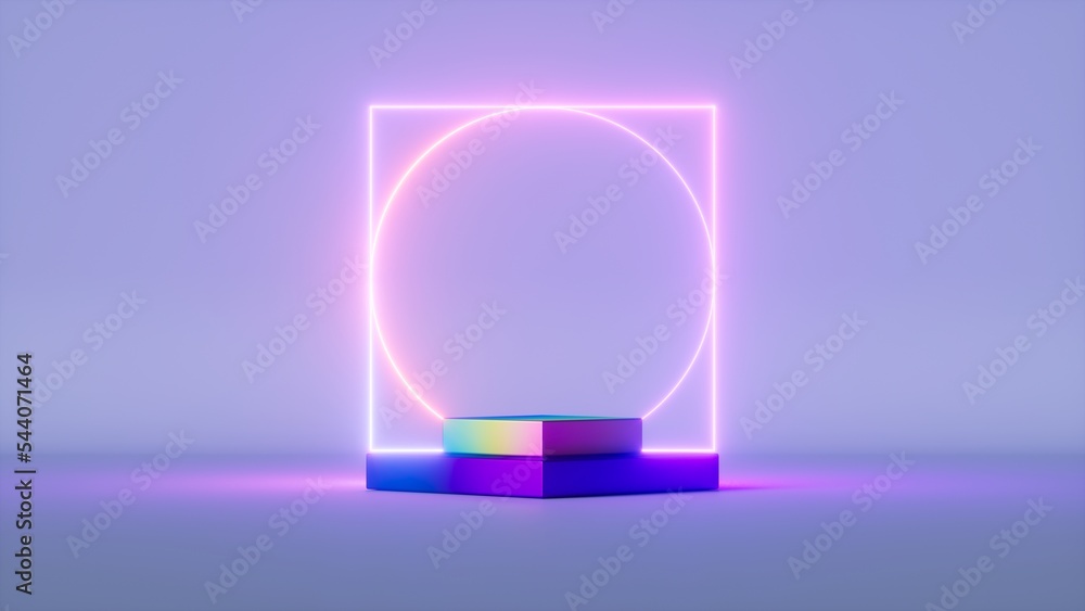 Aufkleber 3d render, abstract background with empty square metallic pedestal and geometric neon frame, minimal
