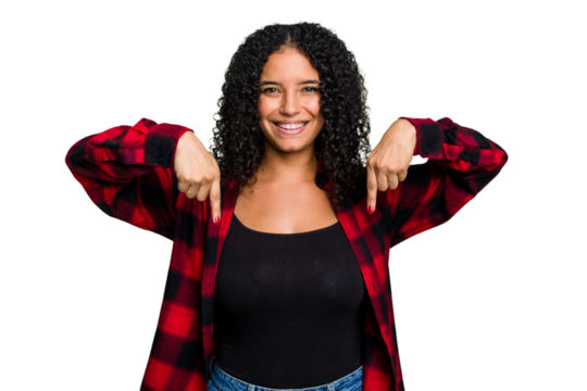 Young cute brazilian woman isolated points down with fingers, positive feeling.