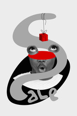 Creative photo 3d collage artwork banner of funny person interested buy new year christmas gifts low prices isolated on painting background