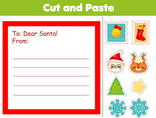 Christmas Letter to Santa Claus set for kids. Decorated Letter blank and postal stamps. New Year Holidays game for children, kids, seasonal scrapbook
