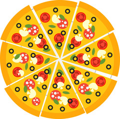 Isolated vector Sliced pizza with olives, champignons and salami