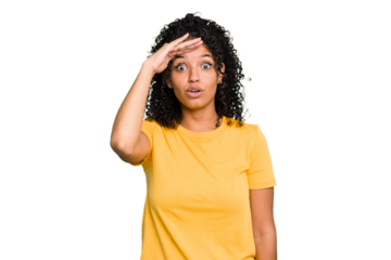 Young cute brazilian woman isolated looking far away keeping hand on forehead.