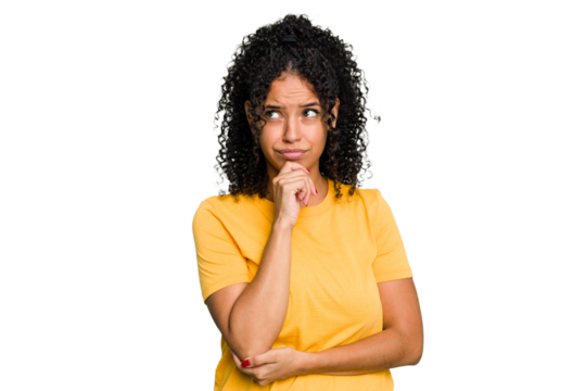 Young cute brazilian woman isolated looking sideways with doubtful and skeptical expression.