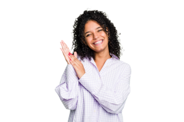 Young cute brazilian woman isolated feeling energetic and comfortable, rubbing hands confident.