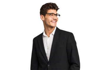 Young caucasian business man isolated looks aside smiling, cheerful and pleasant.