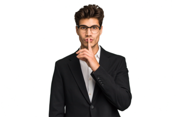 Young caucasian business man isolated keeping a secret or asking for silence.