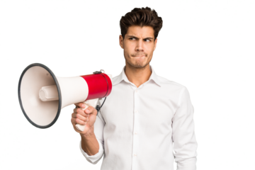 Young caucasian man holding megaphone isolated confused, feels doubtful and unsure.