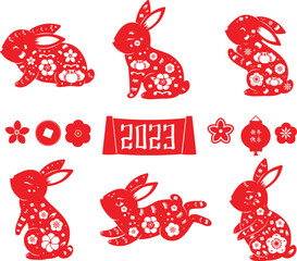 Collection of red decorated rabbit, hare or bunny zodiac for Chinese new year 2023 celebration. lantern, flowers and other isolated elements