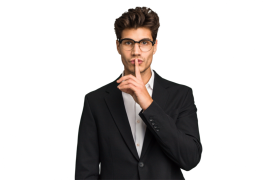 Young caucasian business man isolated keeping a secret or asking for silence. - Powered by Adobe
