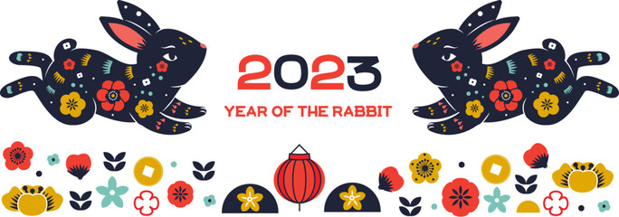 2023 year of rabbit. Chinese new year banner with decorated rabbits hare animal symbol. Translation mean Happy New year - 544072440