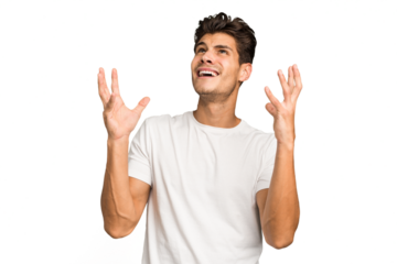 Young caucasian handsome man isolated screaming to the sky, looking up, frustrated.