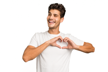 Young caucasian handsome man isolated smiling and showing a heart shape with hands.