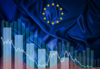 european union flag on the background of graphs and infographics. The concept of the crisis in Europe. © Roman