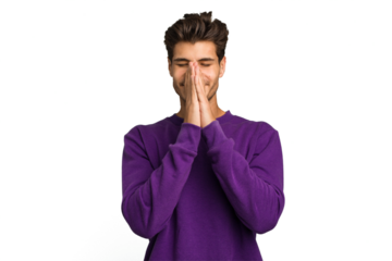 Young caucasian handsome man isolated holding hands in pray near mouth, feels confident.
