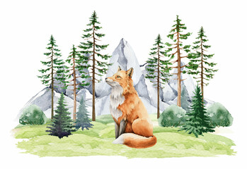 Red cute fox in nature wildlife forest landscape scene. Watercolor illustration. Fox sitting in northern forest. Wildlife animal between pines, bushes, rocky mountain range background